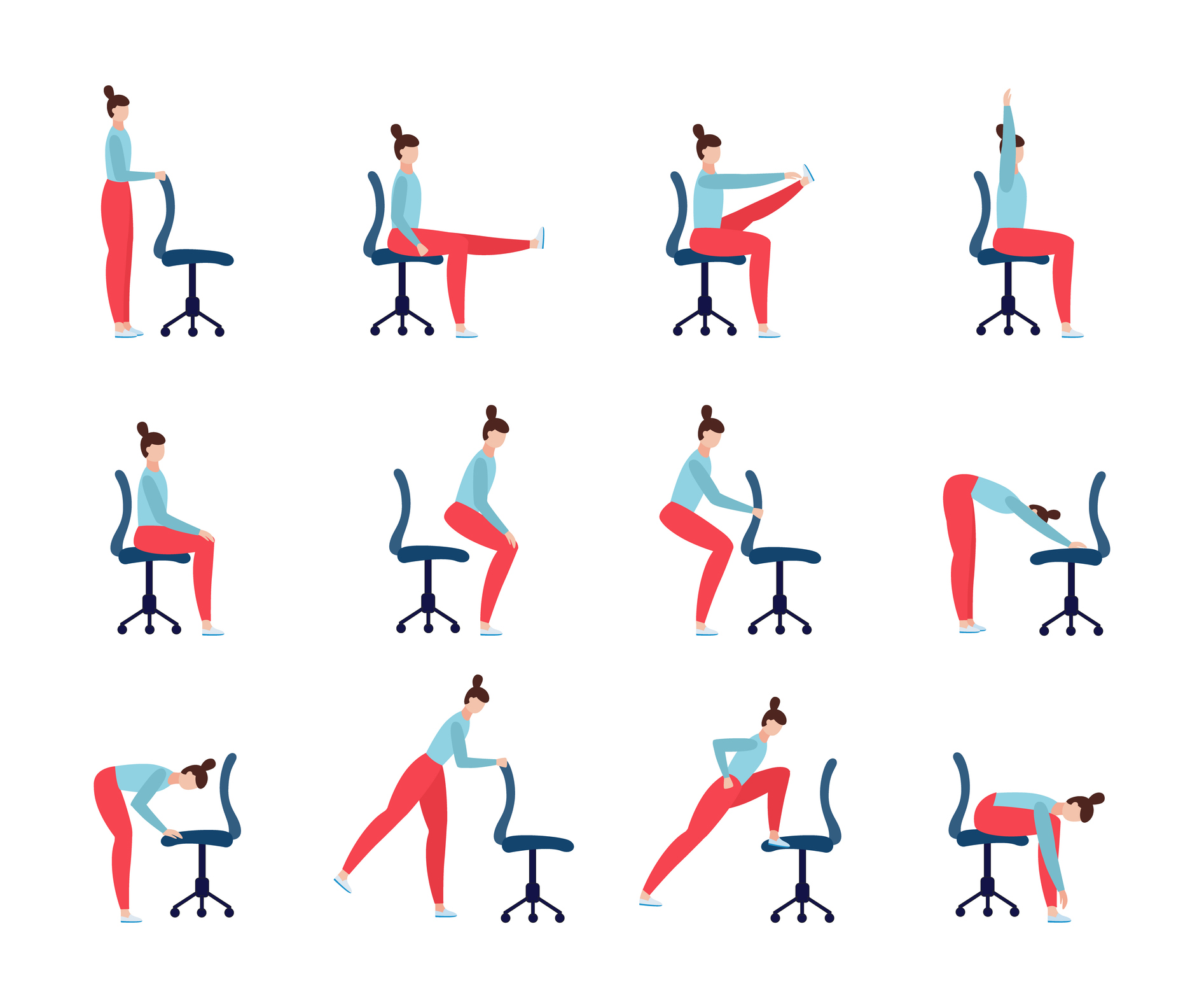 Set of yoga exercises with office chair a vector flat illustrations
